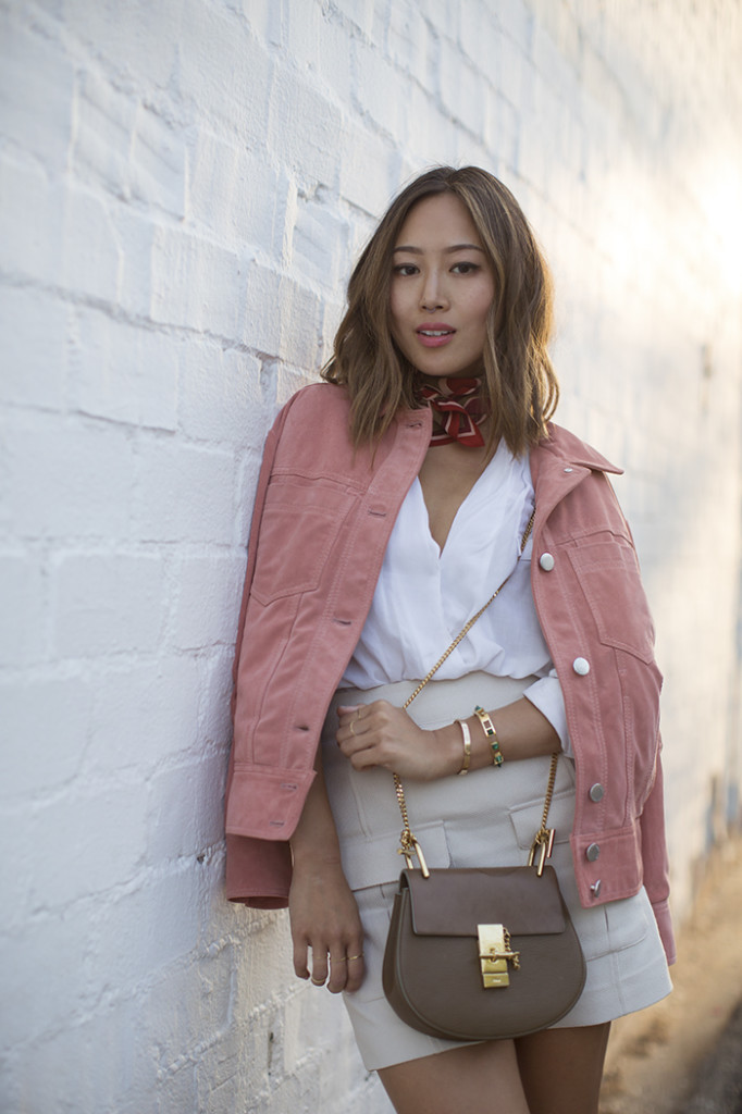 aimee_song_scarf_pink_suede_jacket_chloe_drew_bag